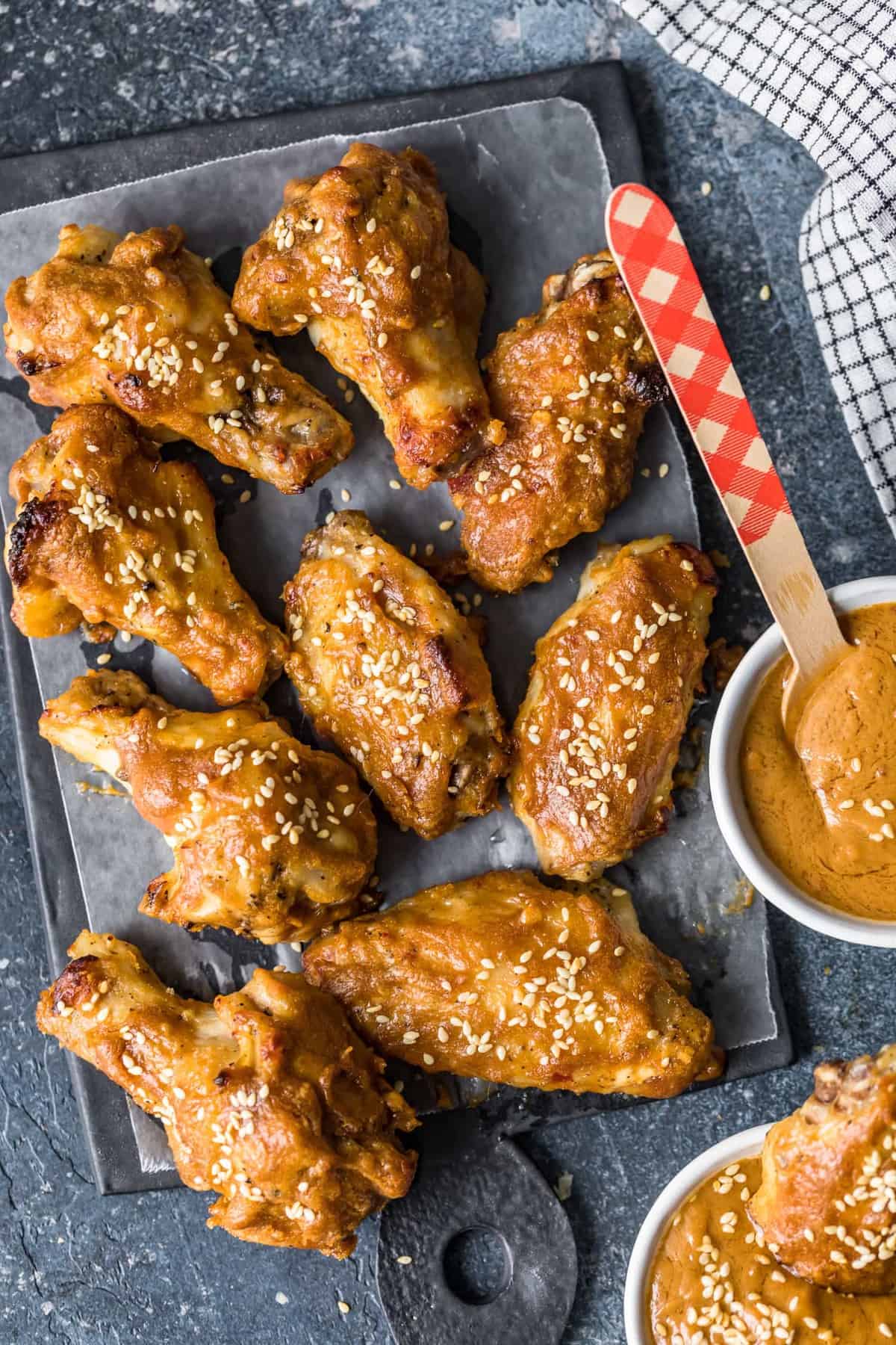 Top shot of Thai Chicken Wings on a serving board