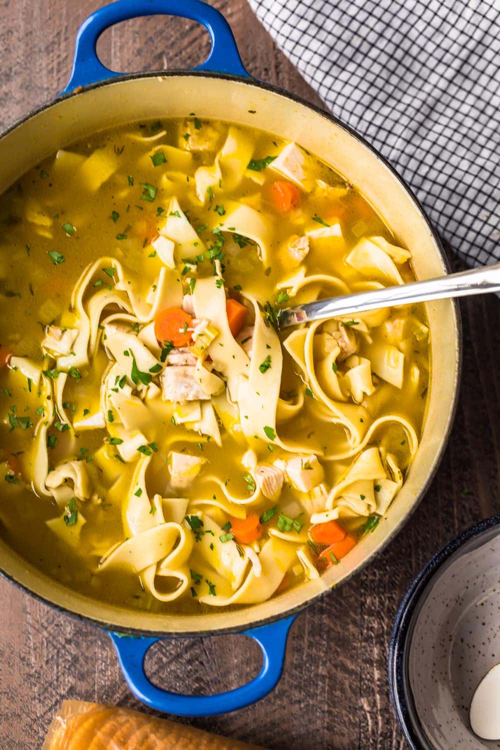 turkey noodle soup in a dutch oven