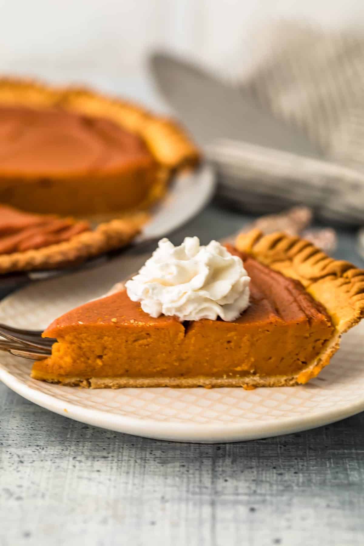 pumpkin pie on a plate with whipped cream