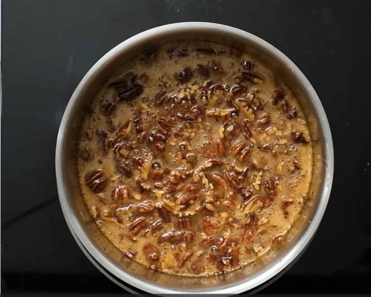 Pecan pie filling in a pot.