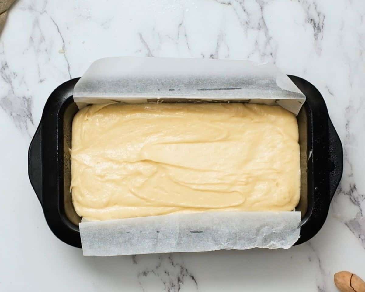 Pecan pie pound cake in a loaf pan.