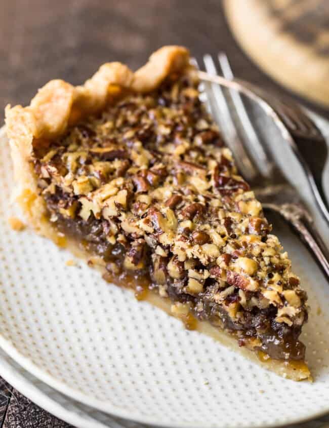 pecan pie slice on a white plate