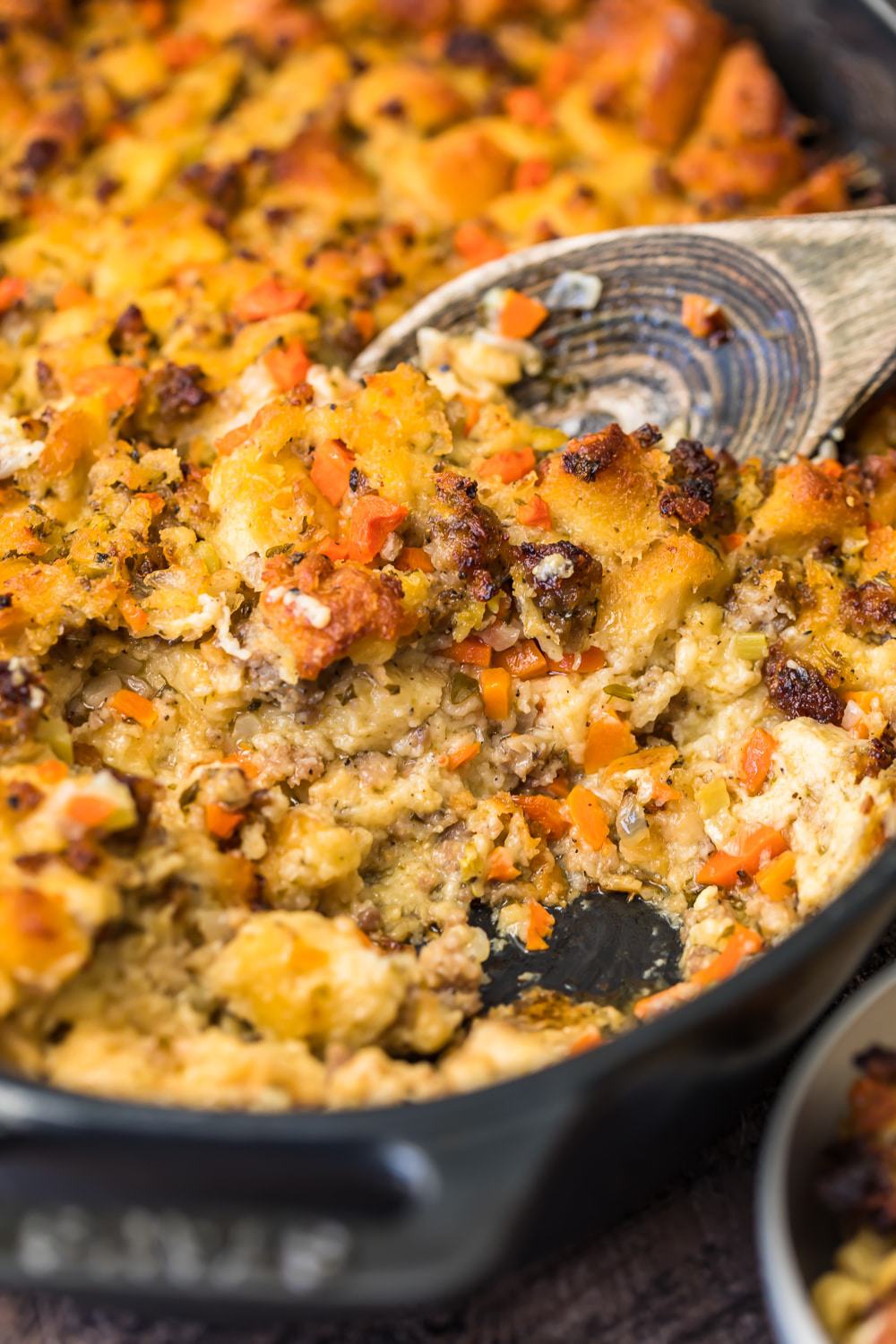 Close up of the stuffing on a wooden spoon