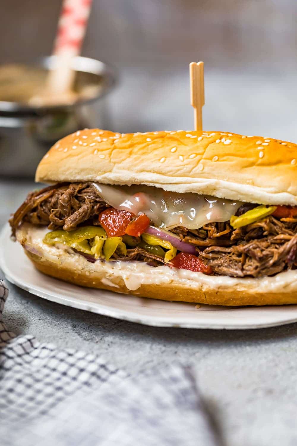 close up of italian beef sandwich