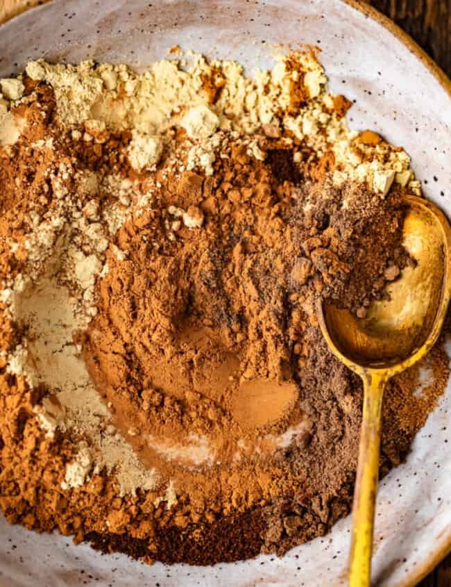 Chocolate powder sprinkled in a bowl with a spoon.