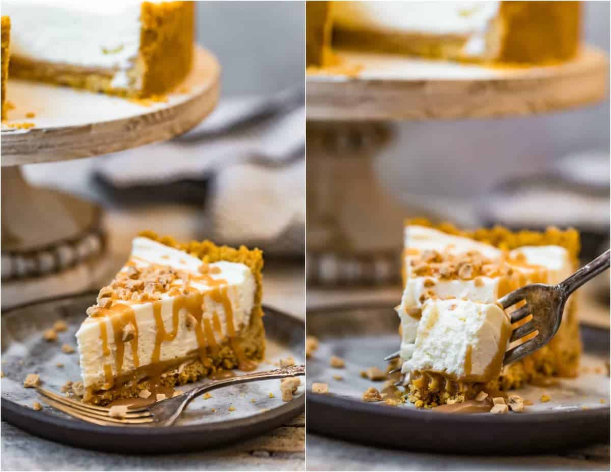 Salted Caramel No Bake Cheesecake on a plate being cut with a fork