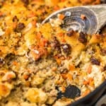 Breakfast casserole with sausage in a skillet.