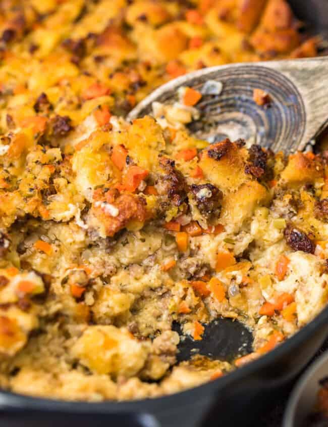 Breakfast casserole with sausage in a skillet.
