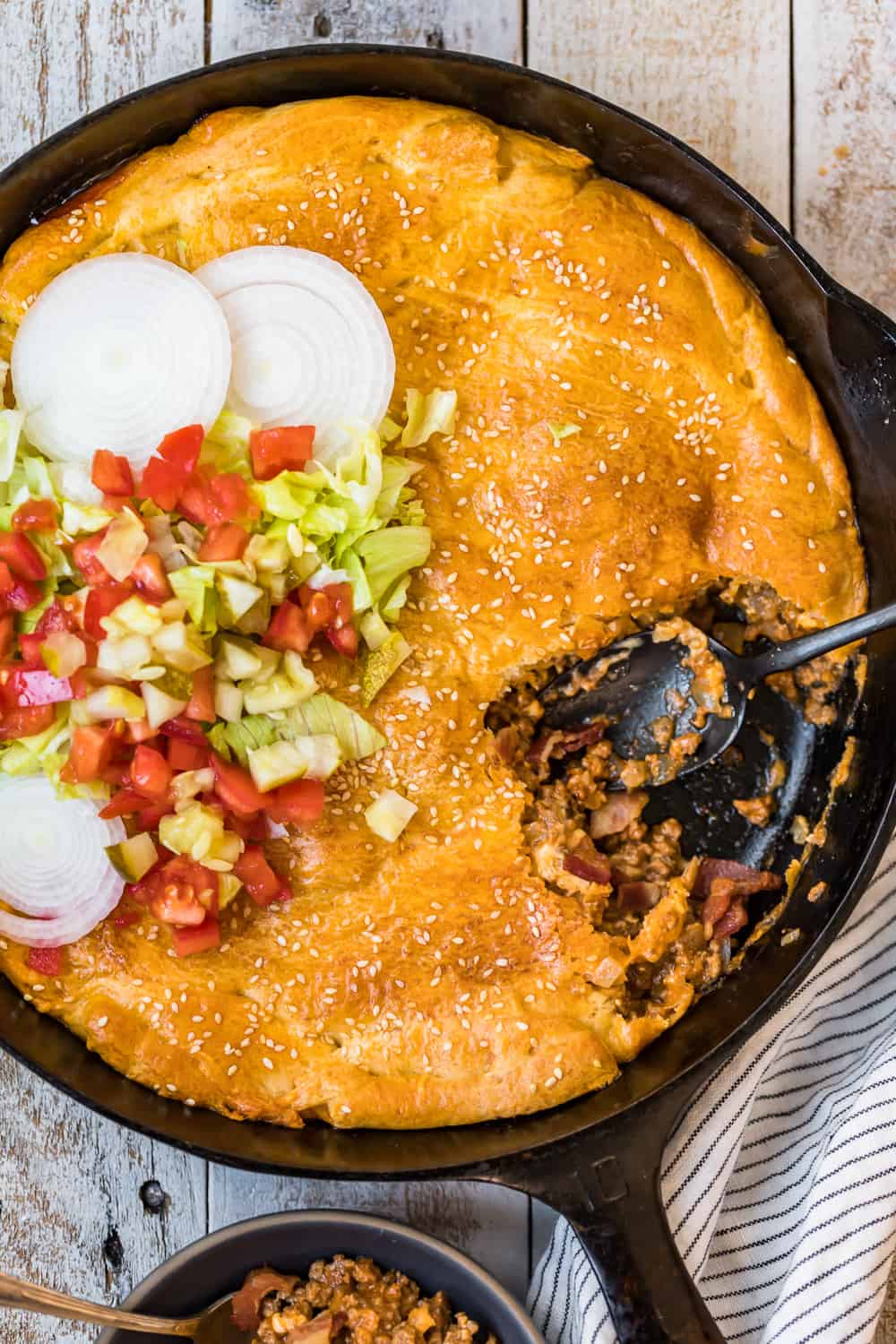 overhead shot of bacon cheeseburger pot pie