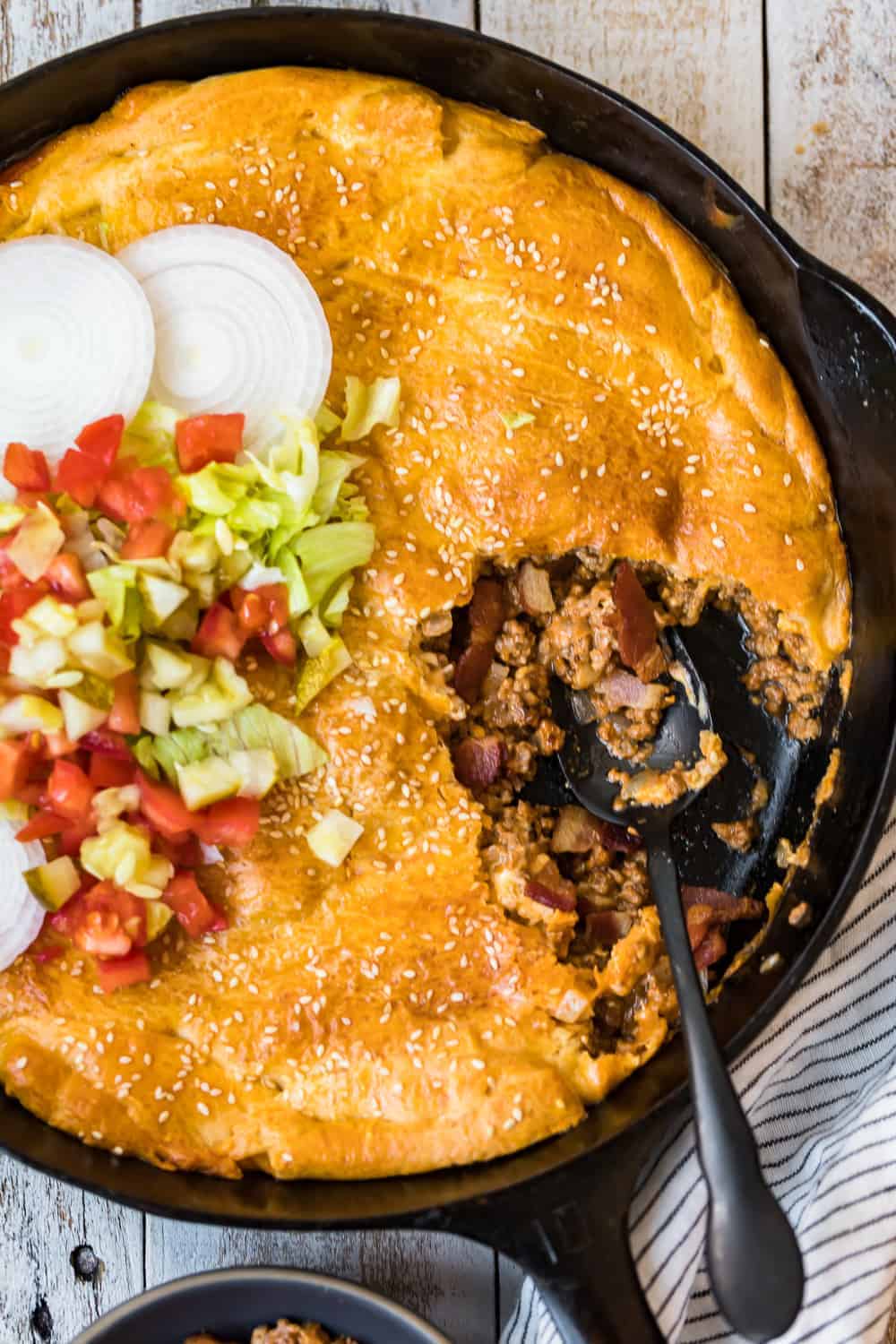 bacon cheeseburger pot pie in skillet