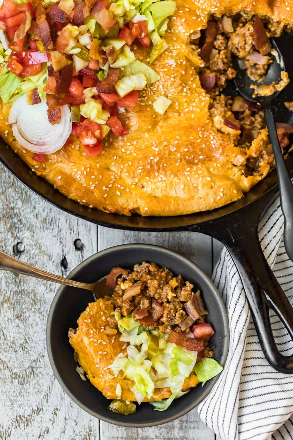 bacon cheeseburger pot pie in bowl 