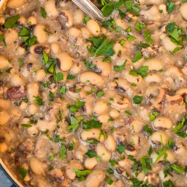 Black eyed peas recipe - hearty pot of beans with a spoon.