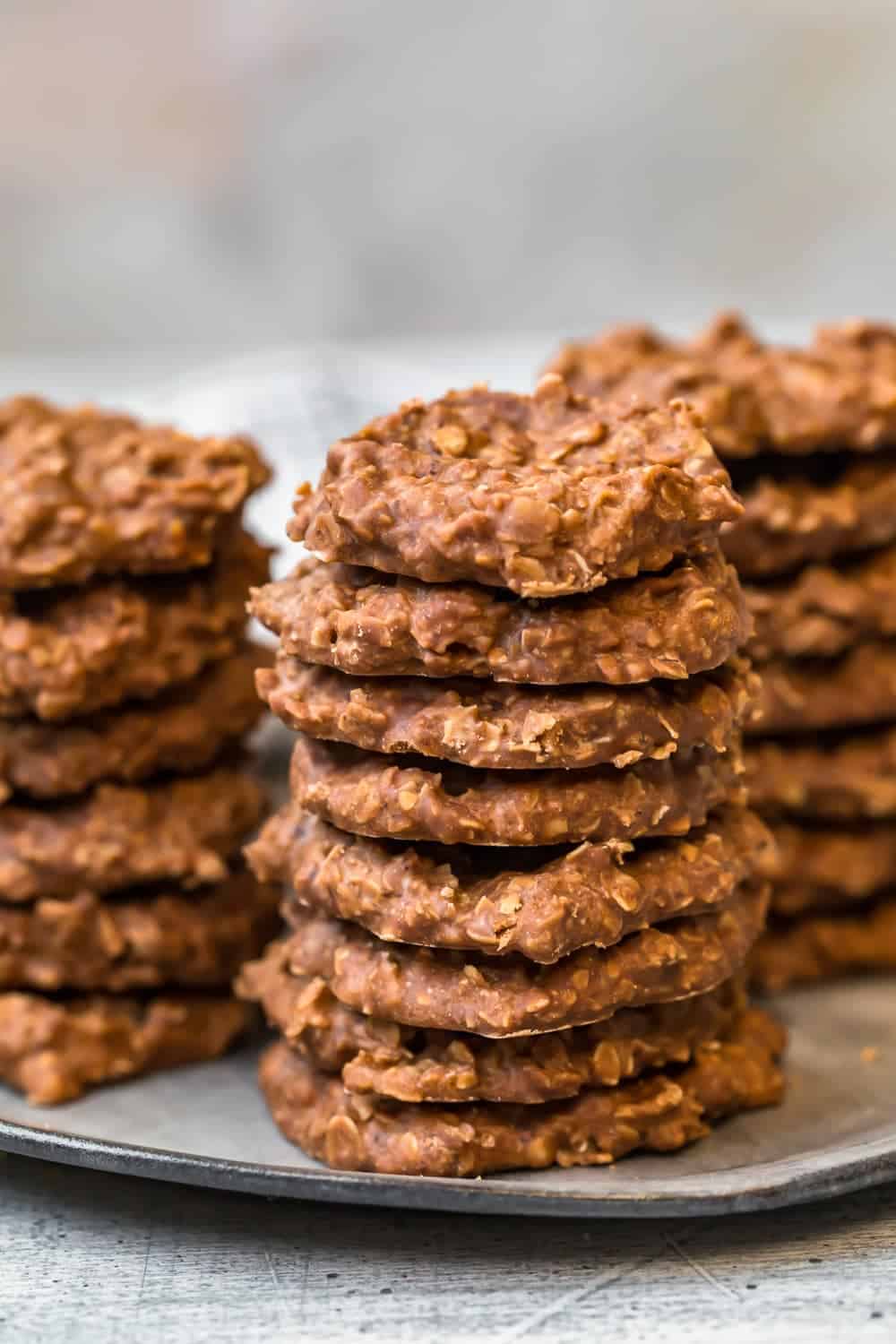 chocolate no bake cookies served in stacks on a plate