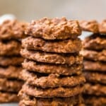 stacks of chocolate no bake cookies on a plate