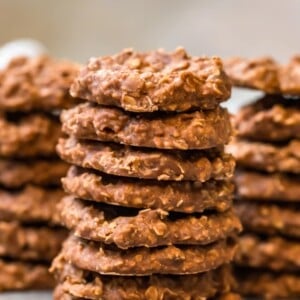 stacks of chocolate no bake cookies on a plate