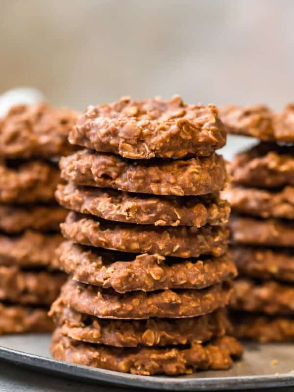 stacks of chocolate no bake cookies on a plate
