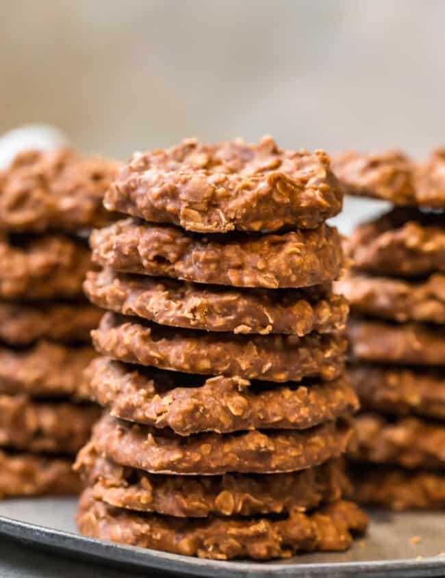 stacks of chocolate no bake cookies on a plate