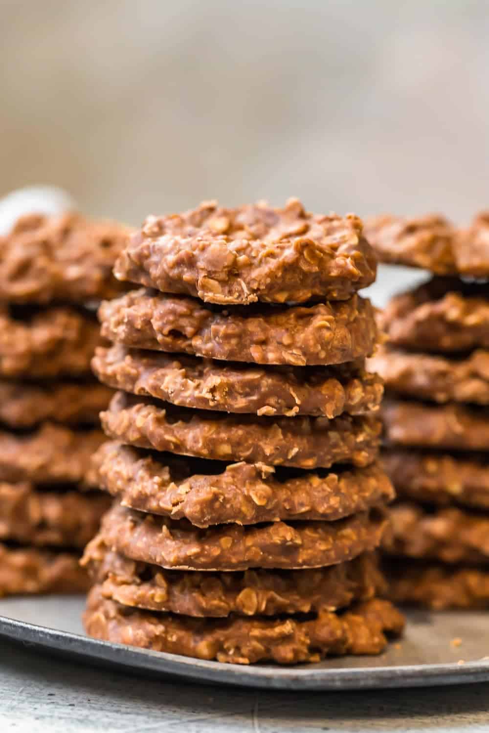 A stack of chocolate no bake cookies