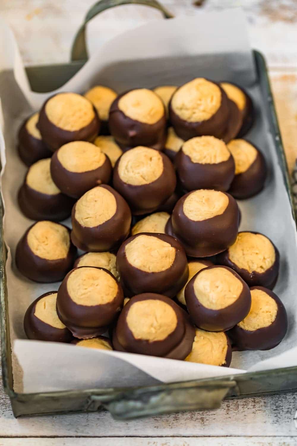 Buckeye candies pied on a serving tray 