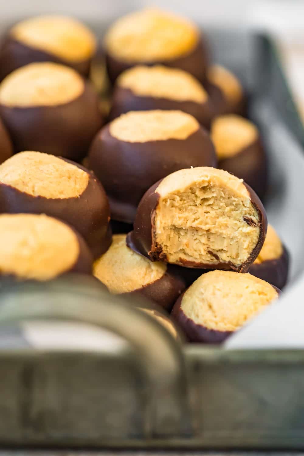 Close up of half of a Buckeye candy