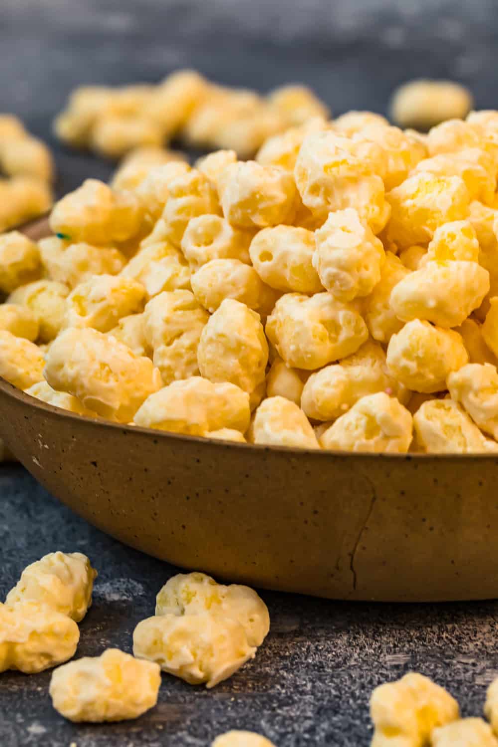 close up of corn puffs in bowl 