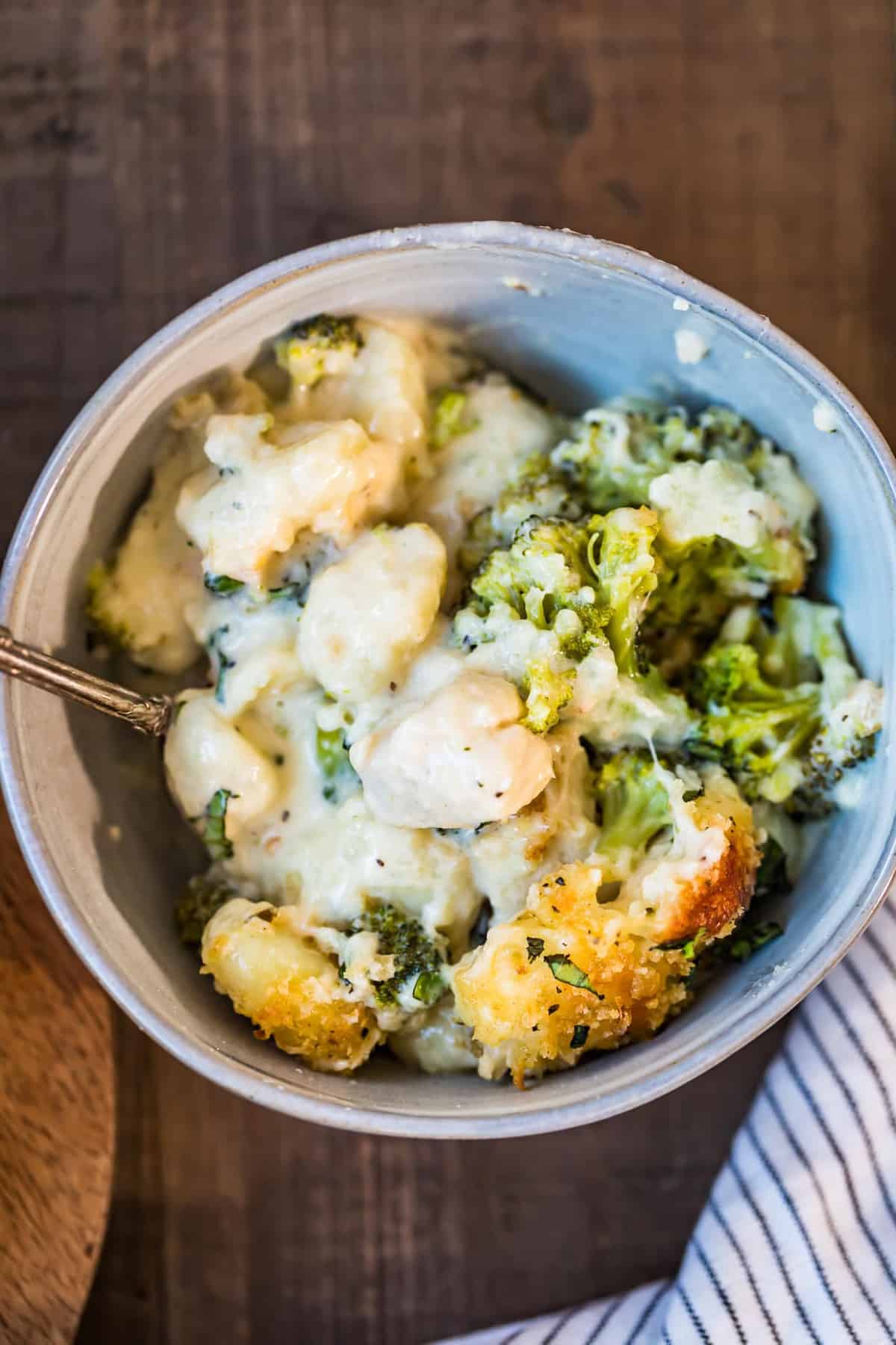 Chicken Alfredo Gnocchi Bake in a small gray bowl