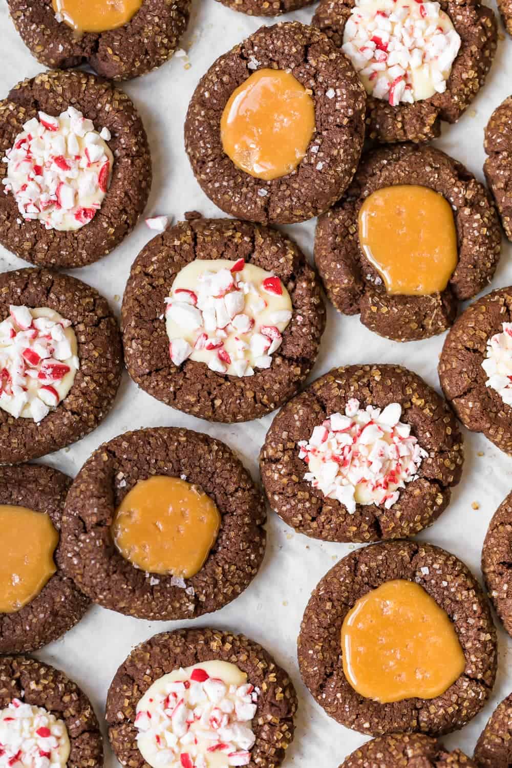 cookies topped with caramel and peppermint fillings
