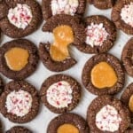 chocolate thumbprint cookies with salted caramel and peppermint