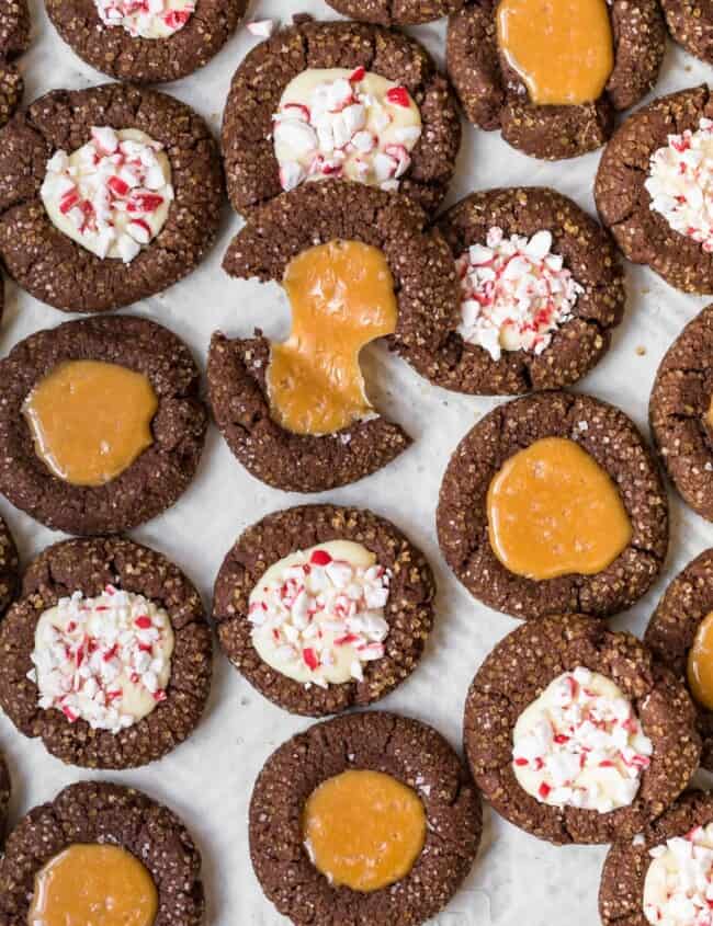 chocolate thumbprint cookies with salted caramel and peppermint