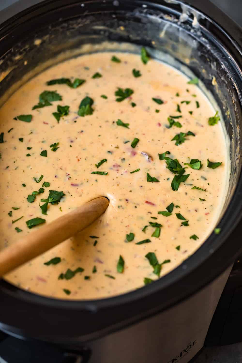 Crock pot queso dip in pot 