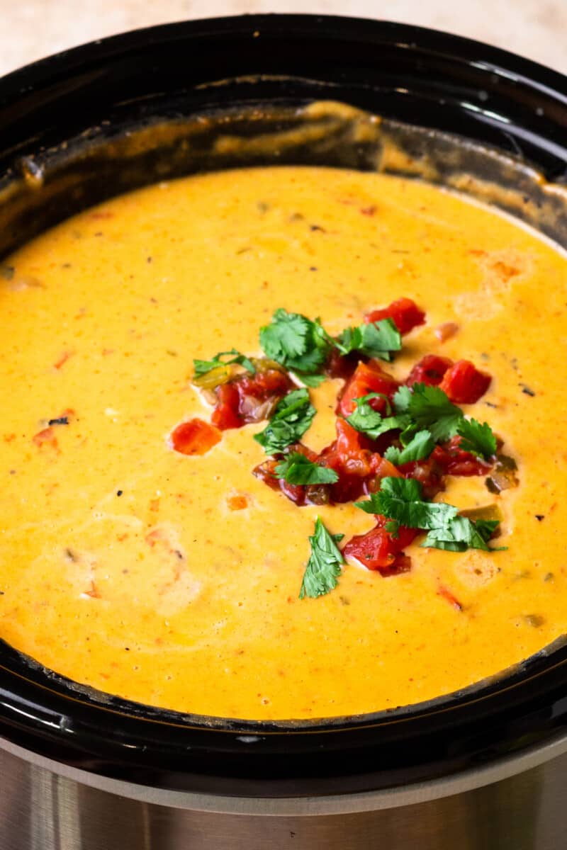 crockpot queso garnished in slow cooker