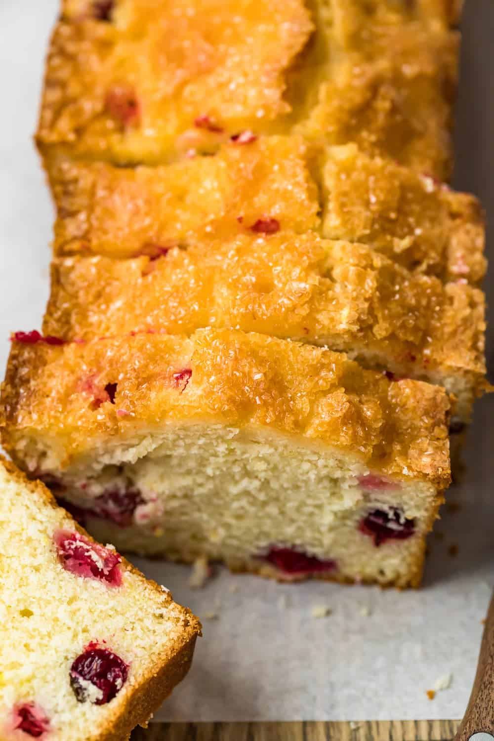 close up of a slice of the sweet bread