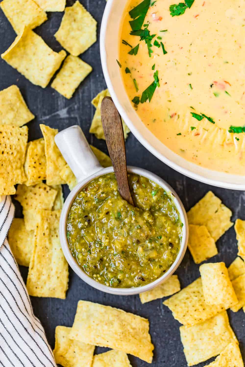 top down shot of homemade salsa verde in bowl 