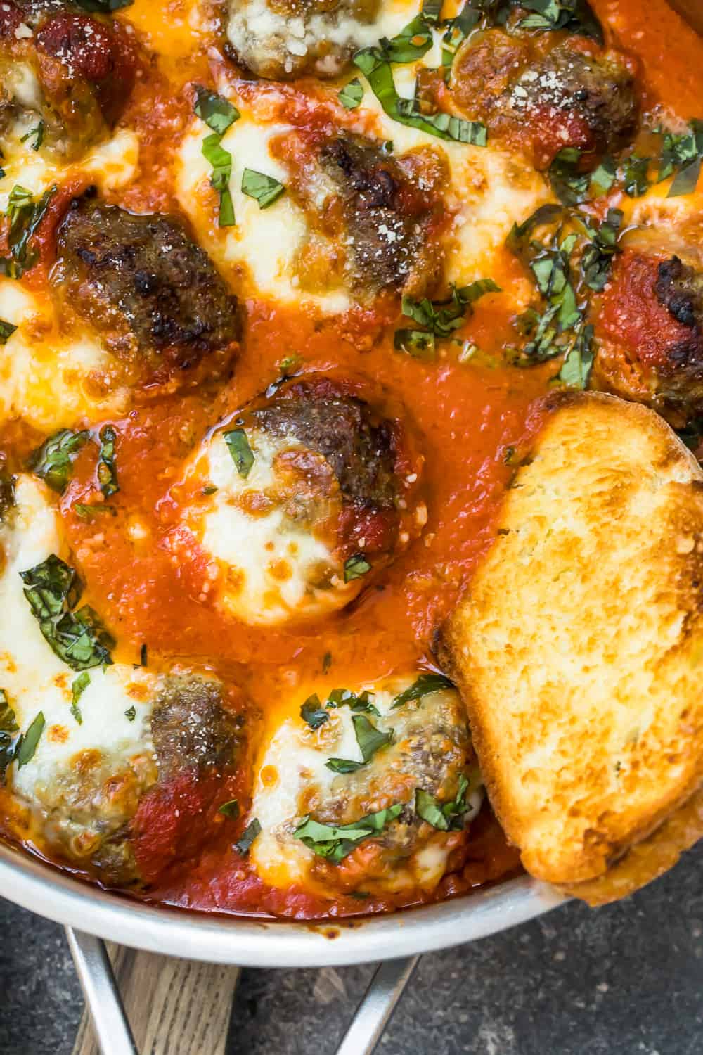 overhead shot of delicious meatball parmesan