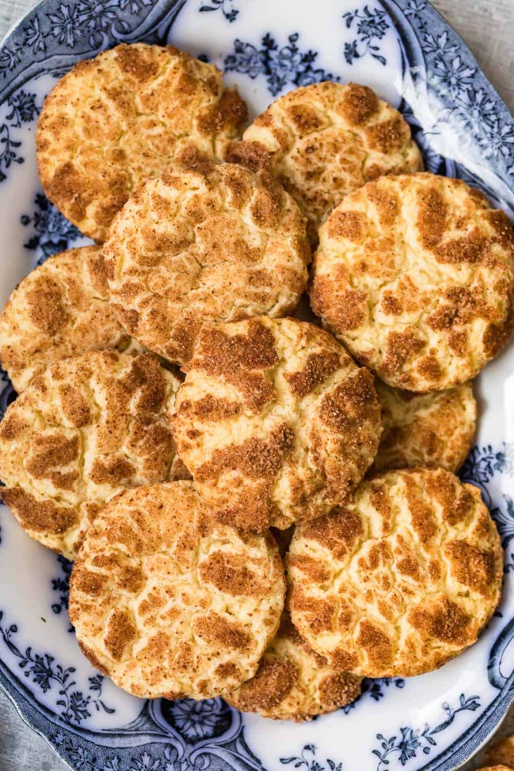 Snickerdoodles on a blue and white plate