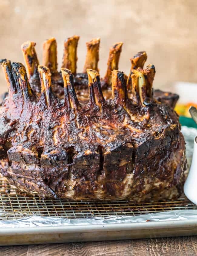 pork crown roast on a wire cooling rack