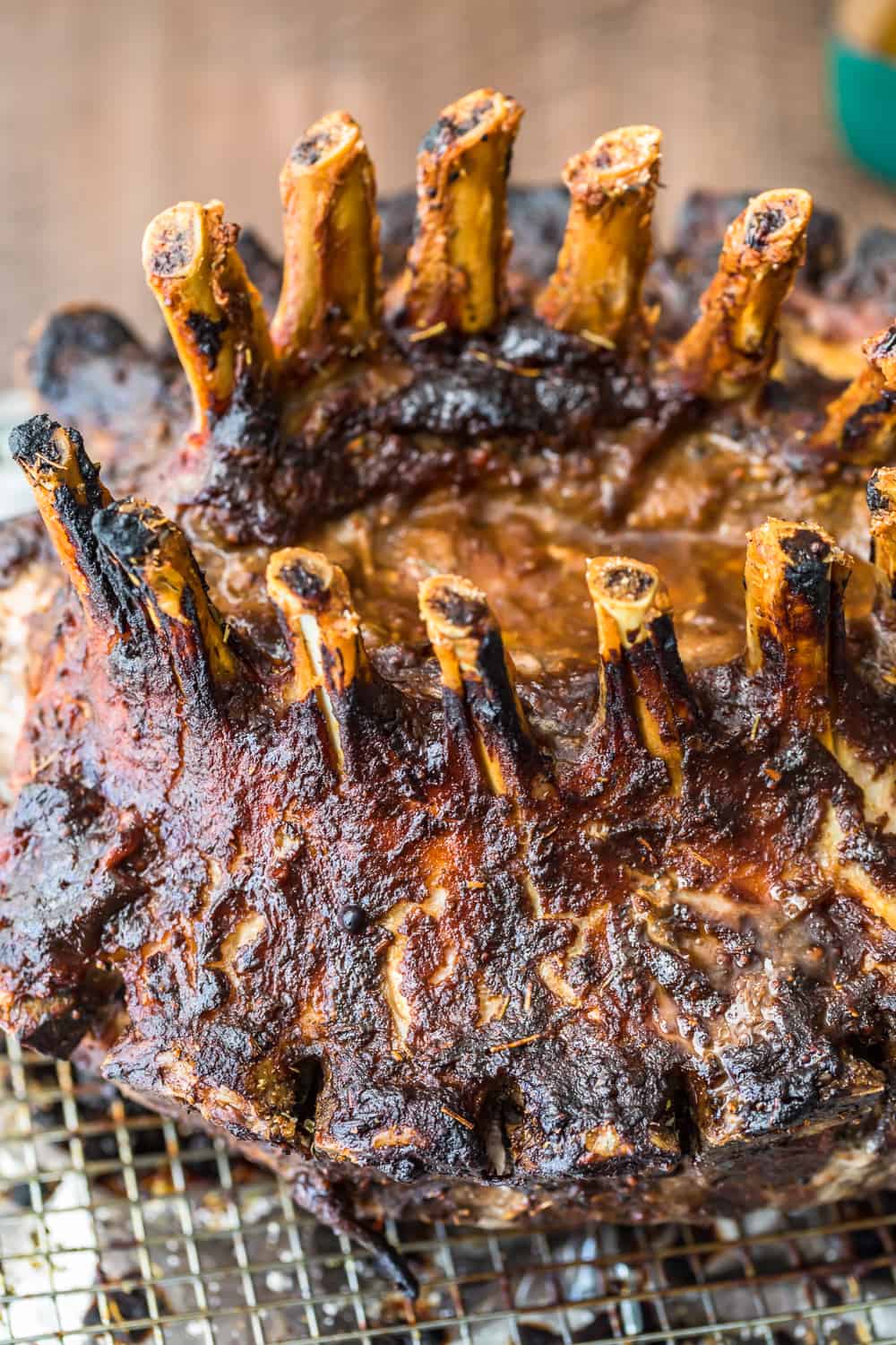 close up on pork roast on wire rack