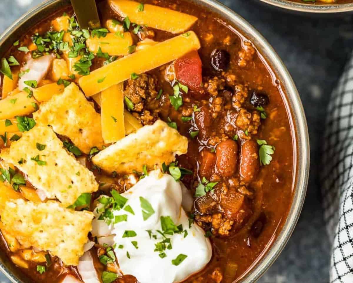 Close up of a bowl with crockpot chili.