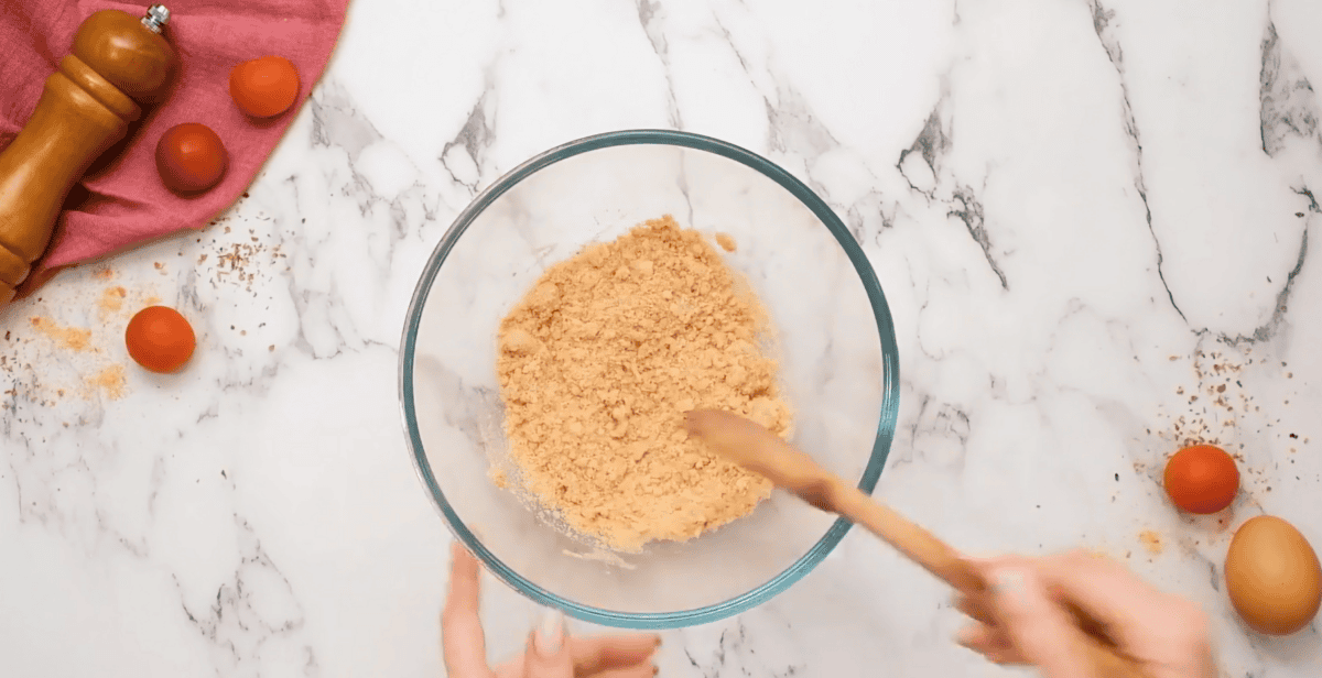 breadcrumbs in a glass bowl.