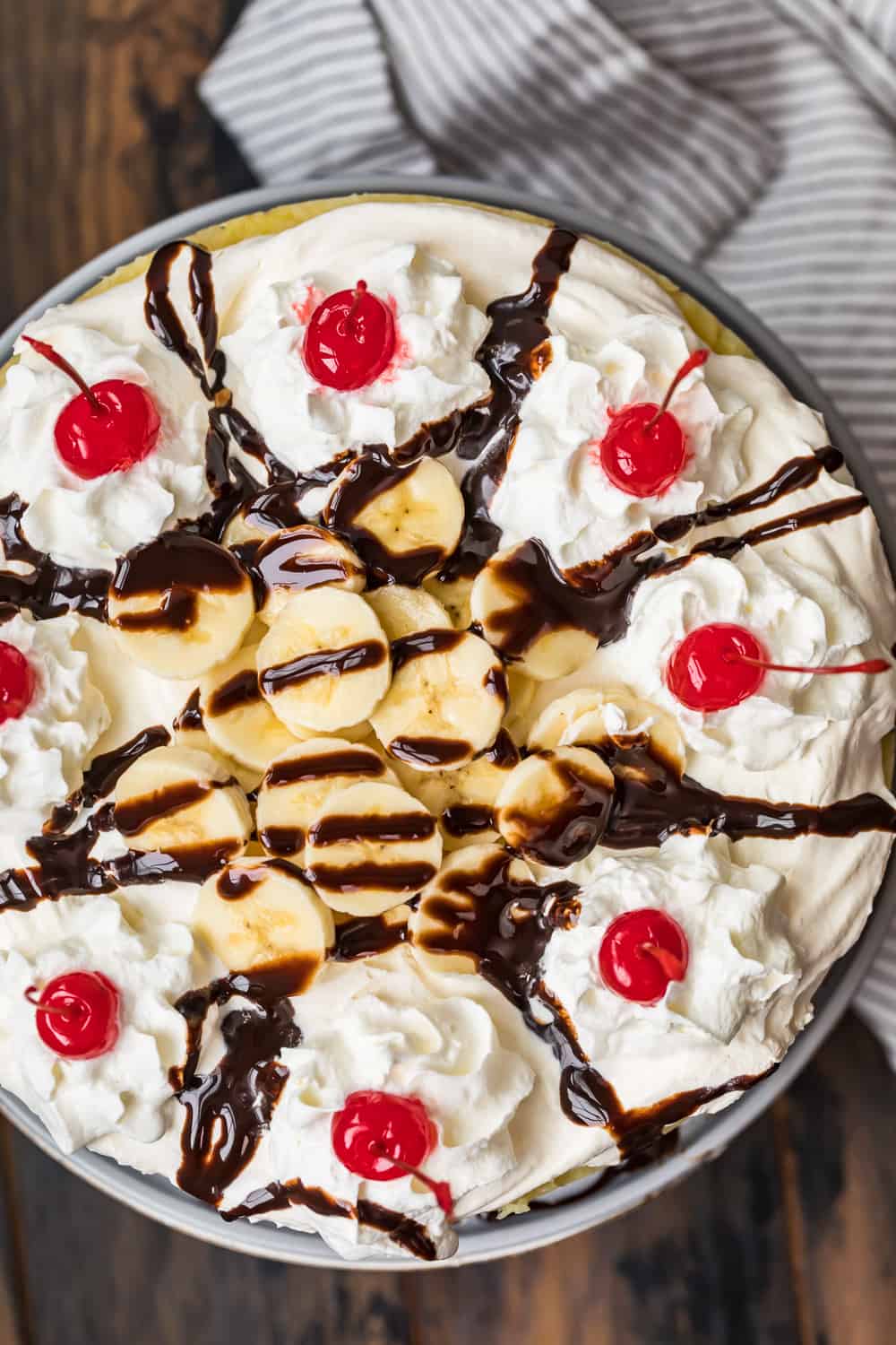 top down shot of banana split dessert