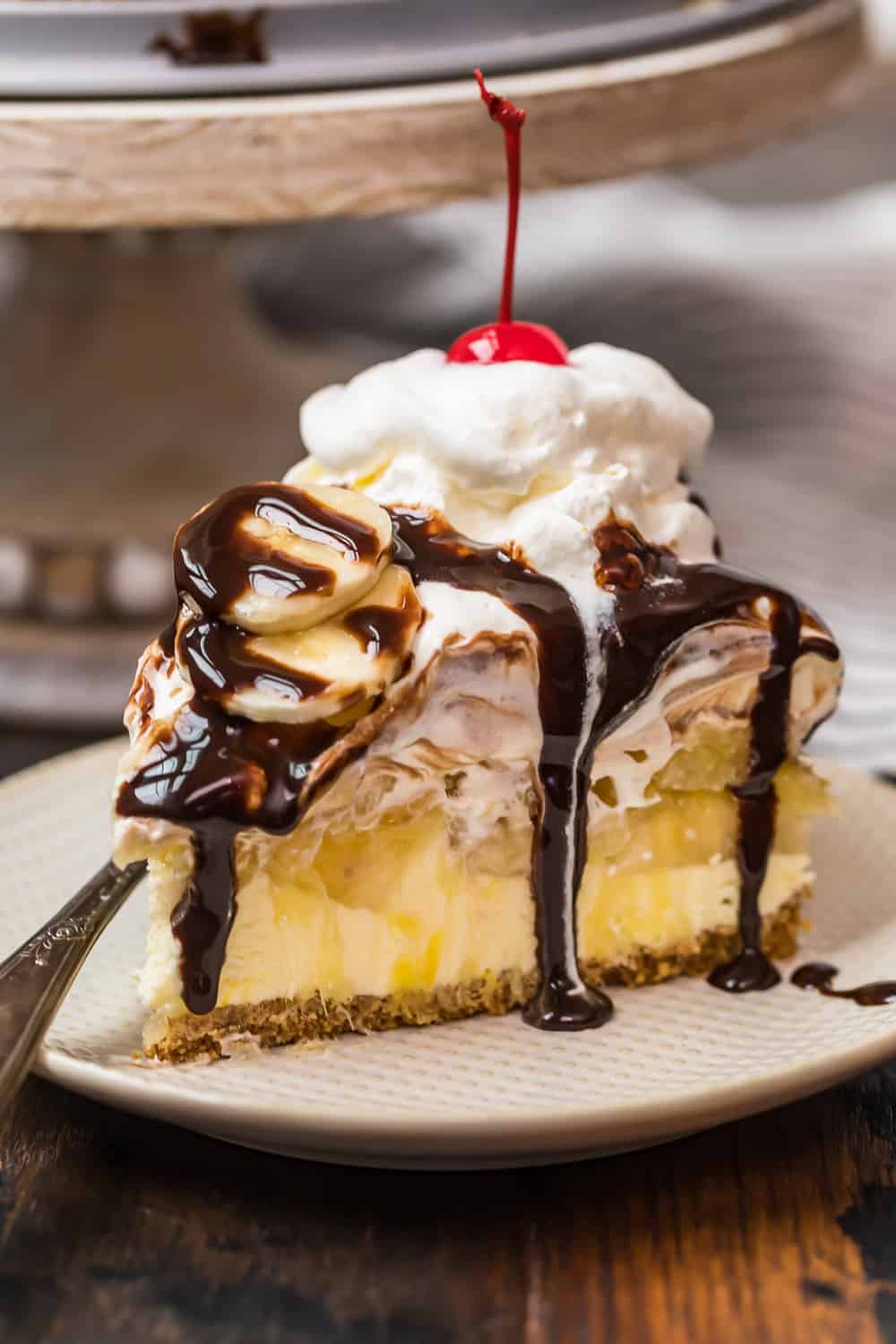 slice of no bake banana split dessert