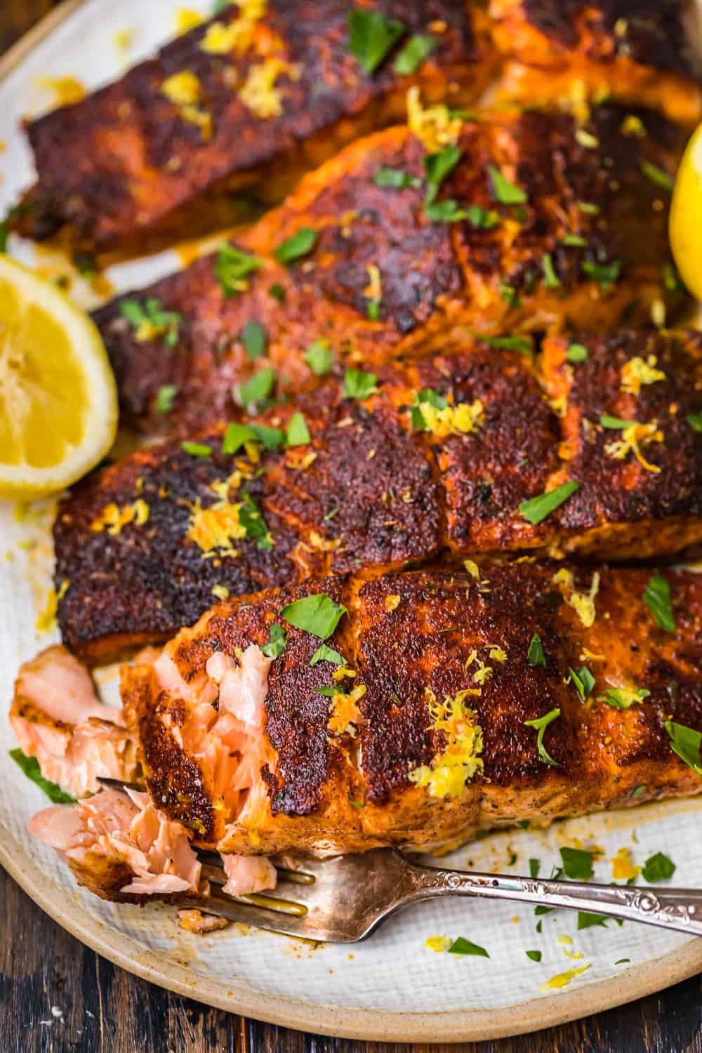 close up of blackened salmon on plate