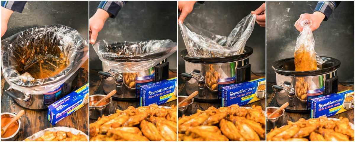 photo collage showing how to take out crockpot liner