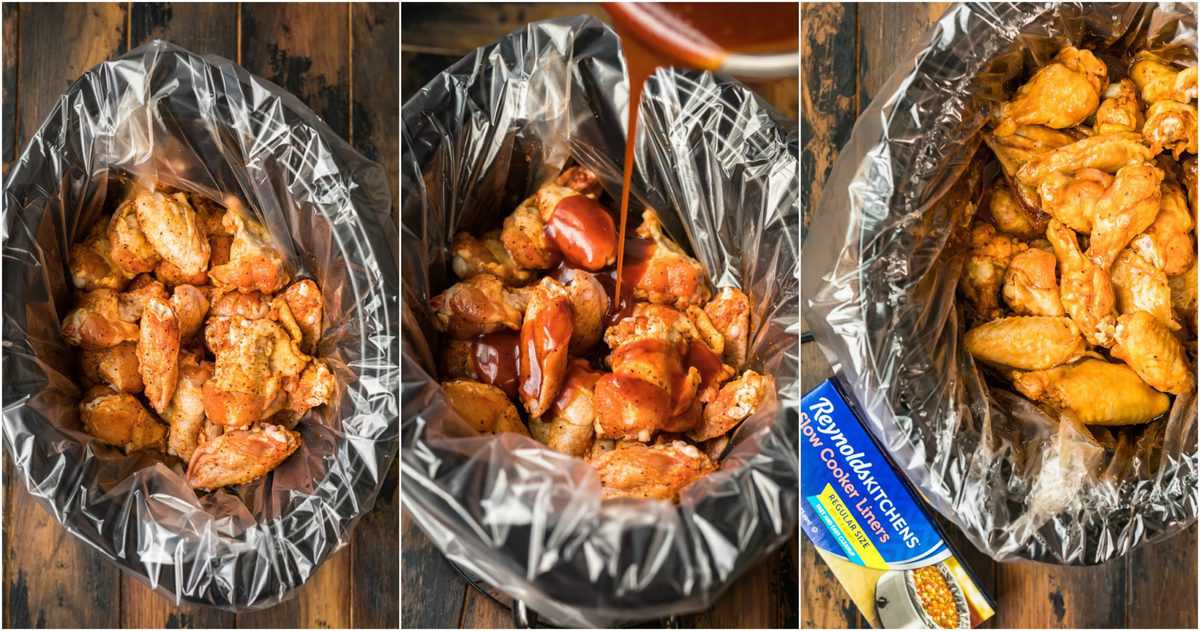 foto collage van het gebruik van crockpot liners met kip