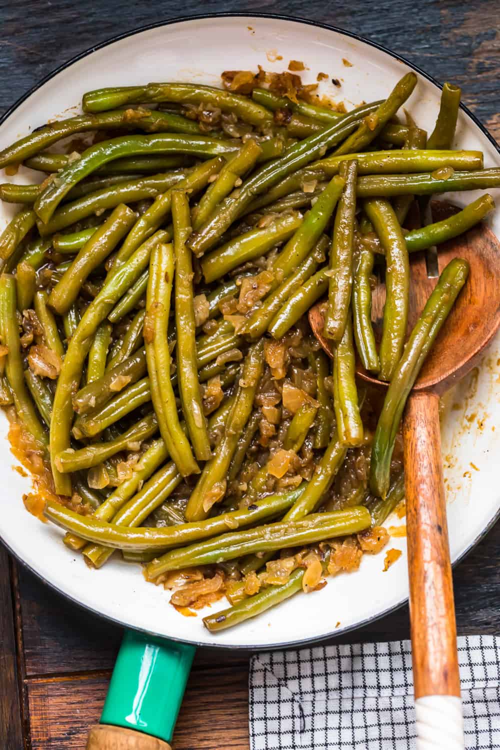 top down shot of green beans and bacon 