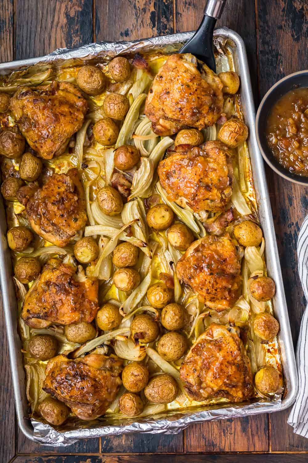 top down shot of roast chicken and potatoes