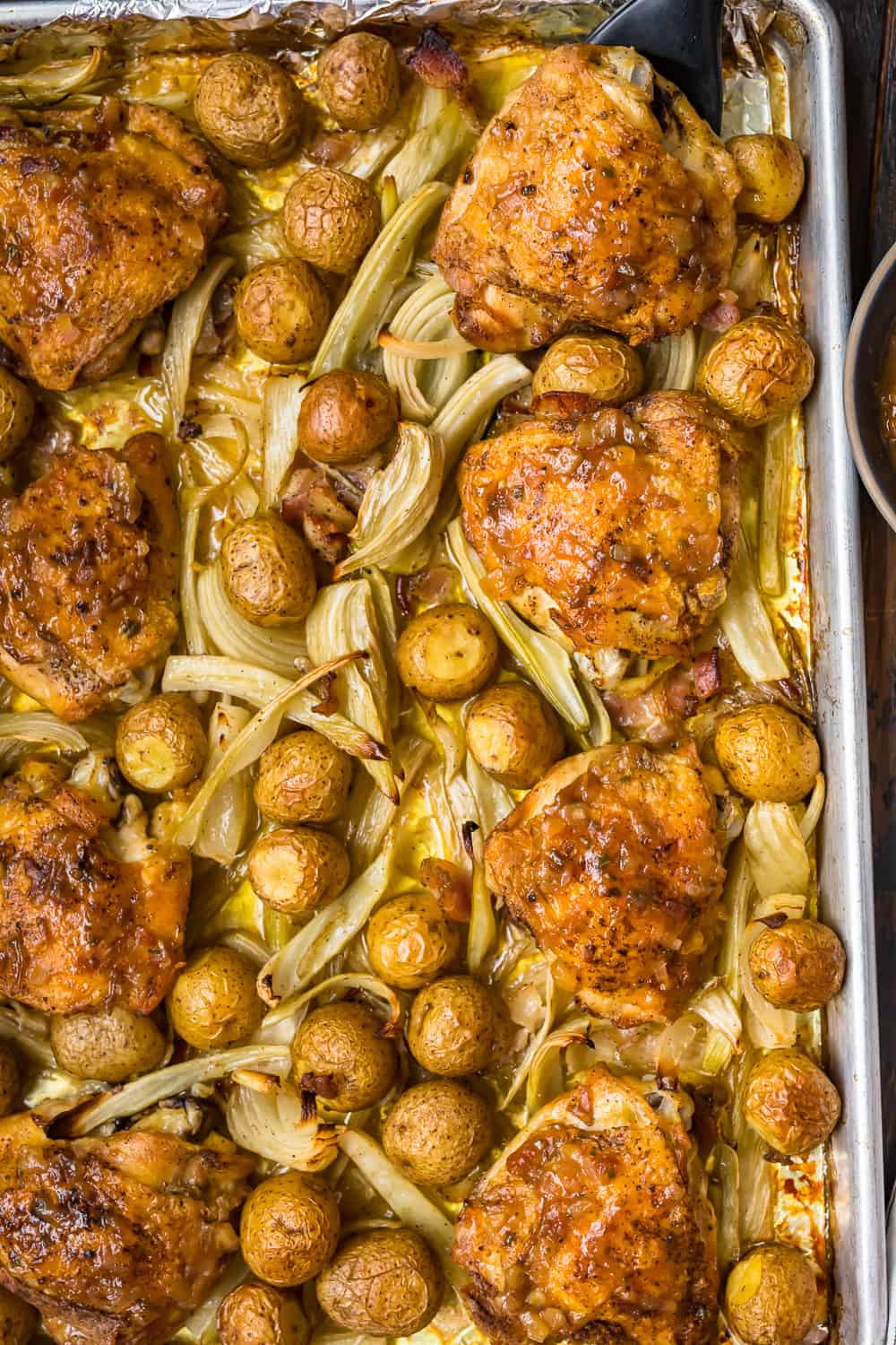 overhead shot of roast chicken and potatoes