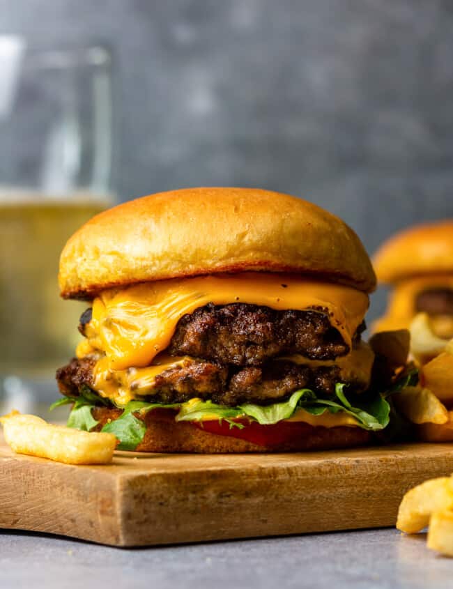 smash burger on cutting board