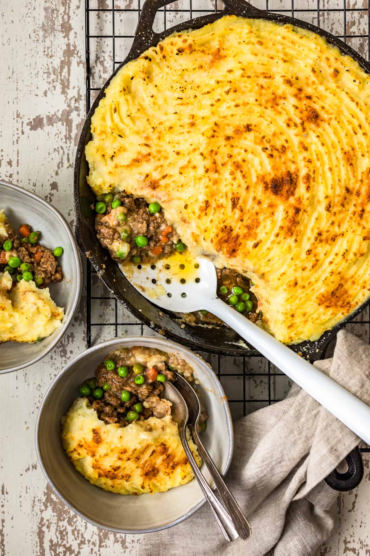 top down shot of best cottage pie recipe in skillet