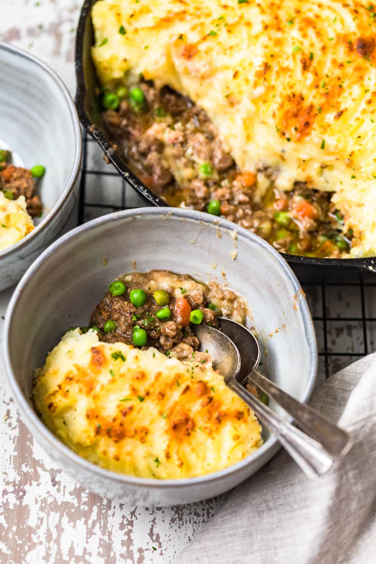 spoon in bowl with best cottage pie recipe